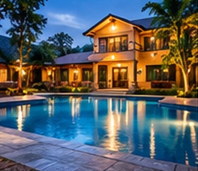 A resort building beside a lit swimming pool at dusk