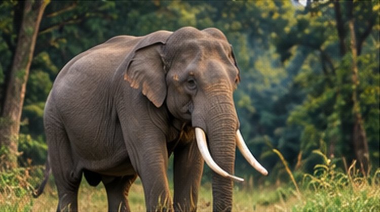 A tusker elephant standing in the forest