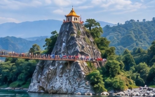A temple on a rock in a river with a footbridge