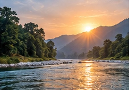 Sunset over a river in the hills