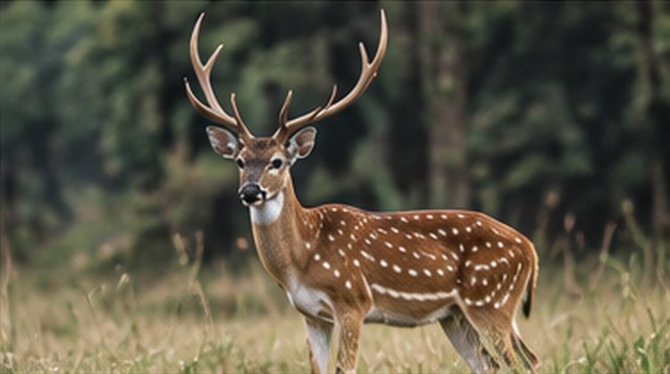 A spotted deer stag standing in grass